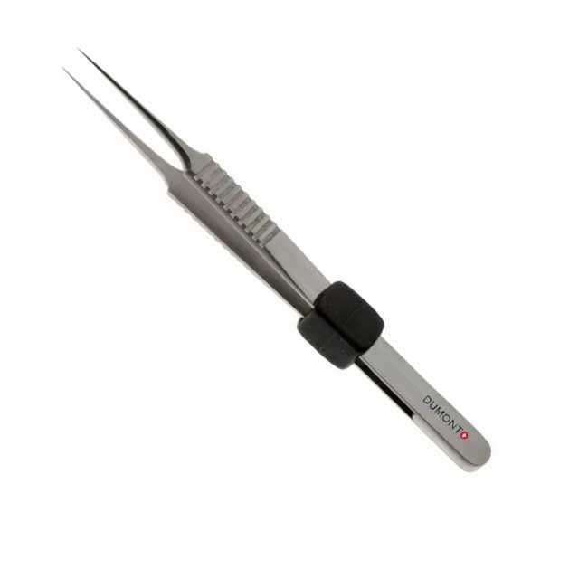 Dumont N5 Tweezers with Clamping Ring - 0.10 x 0.06mm tip product photo Front View L
