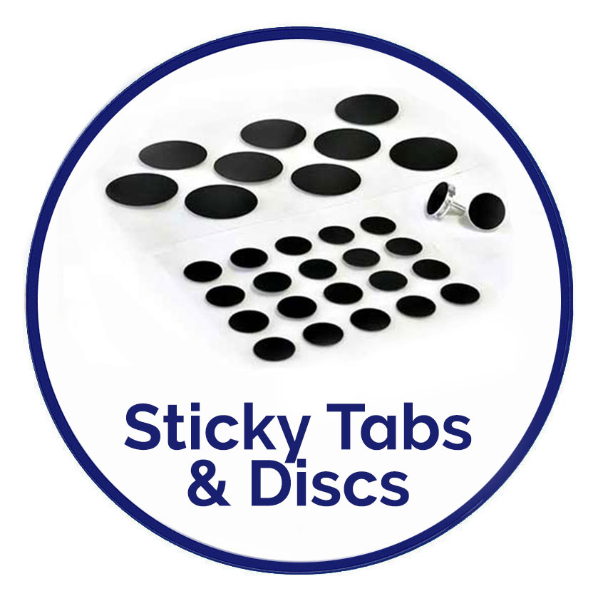 Sticky tabs, discs and mounting materials