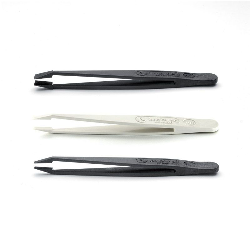 Plastic Tweezers - Delrin - tips: angled, squared, flat. OAL: 115 mm product photo Front View L