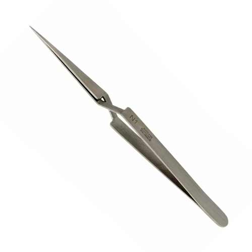 Dumont N1 Stainless Steel HP crossover tweezers - 0.20 x 0.12mm tip product photo Front View L
